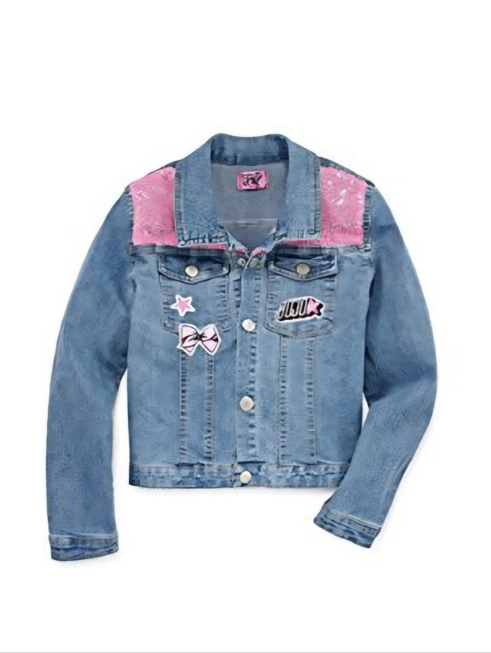 JoJo Siwa Nickelodeon Girls Denim Cropped Jacket Pink Sequin Patches Size S 7/8